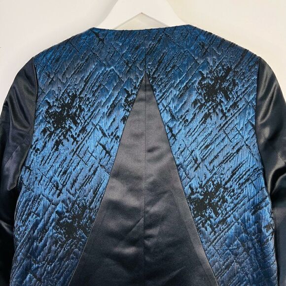 Pink Tartan Metallic Blue Collarless Jacquard Swing Coat - Picture 6 of 8